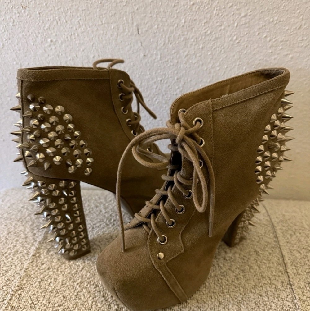 Jeffrey Campbell Lita Suede Tan Silver Spike Booties 6